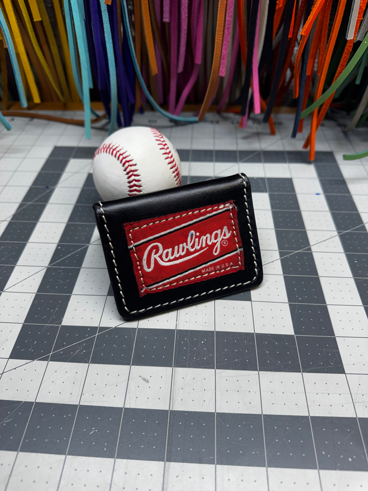 Handmade black Rawlings baseball wallet with genuine glove patch