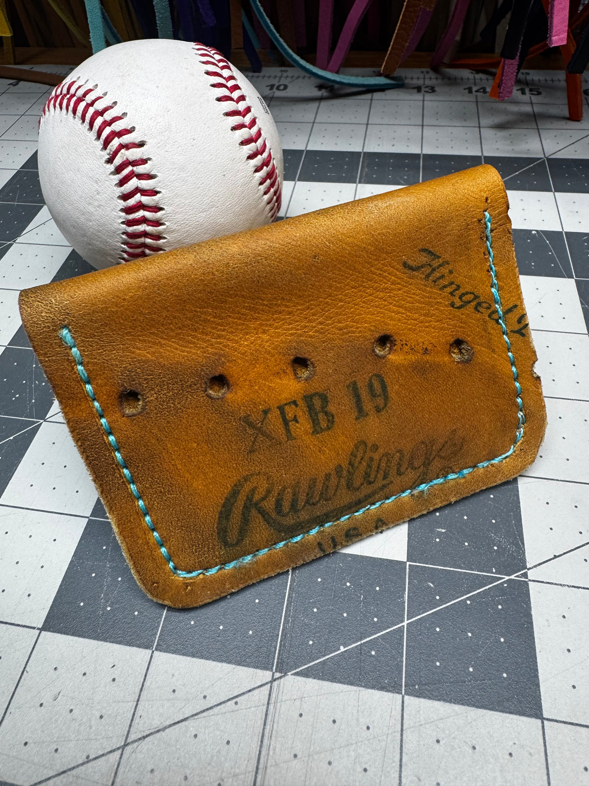 Rawlings XFB 19 glove leather repurposed into a handmade wallet